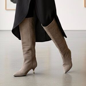 Mimosa Taupe Suede Tall Kitten Heel Pull On Boots Size 37.5